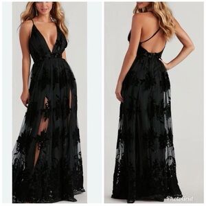Velvet Burnout Black mesh Floral Maxi Dress